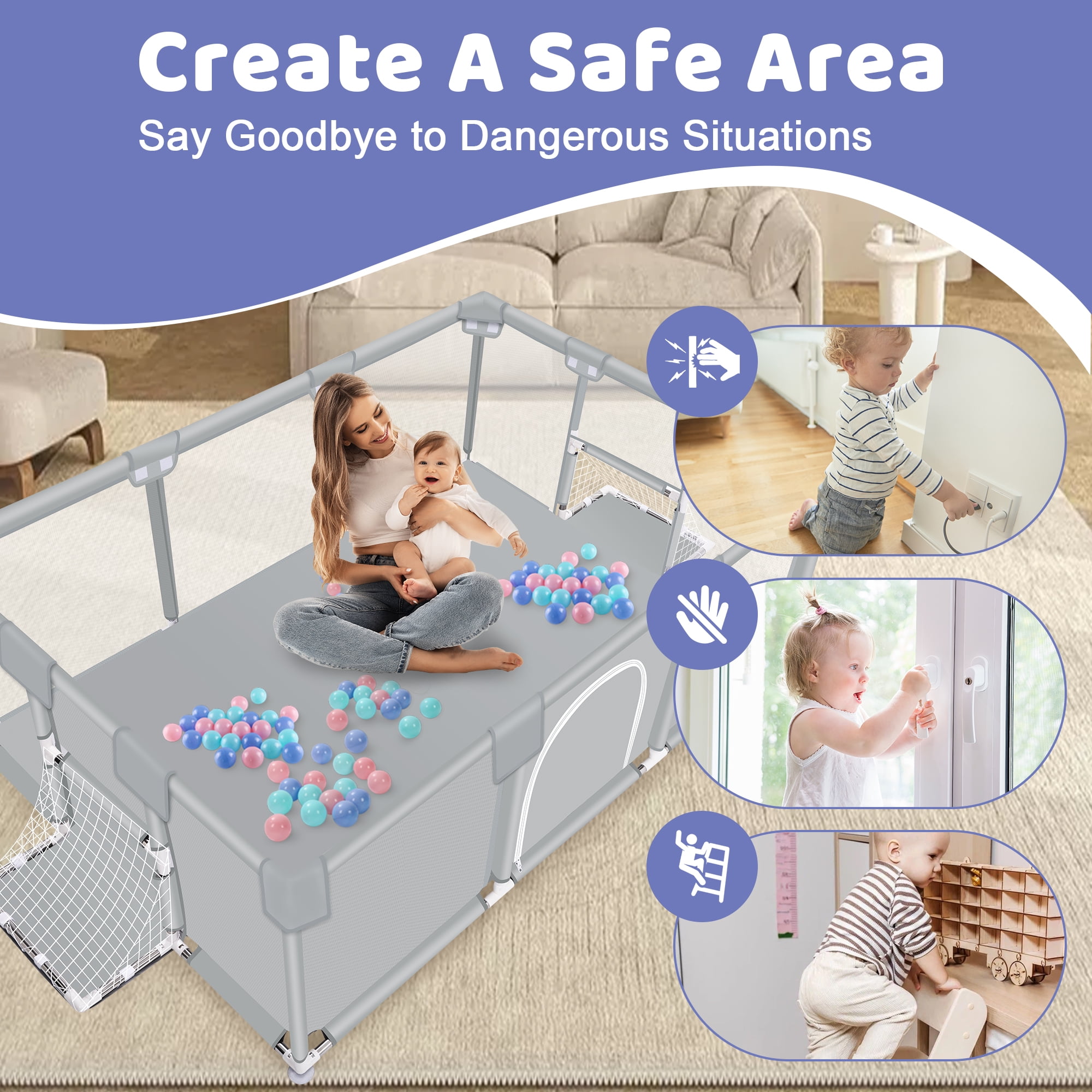 Baby Playpen, HDJ 71 inch Extra Large Baby Play Yard with Soft Breathable Mesh, Play Fence for Infant and Toddlers, Anti-Slip Base, Gray