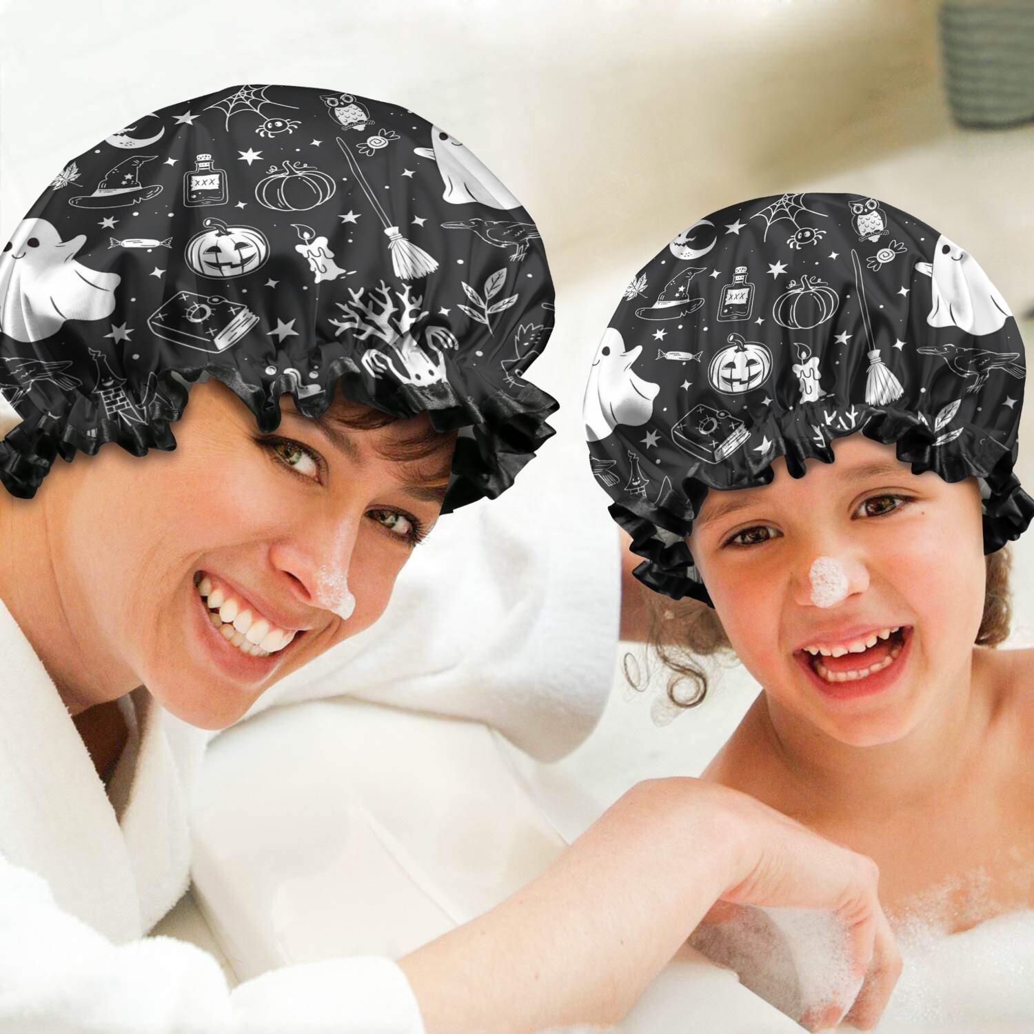 Shower Caps,Black and White Halloween Elements Pattern Waterproof Shower Cap for Women 4 Pieces,Double Reusable Hair Cover for Shower PEVA Elastic Stretch Hem