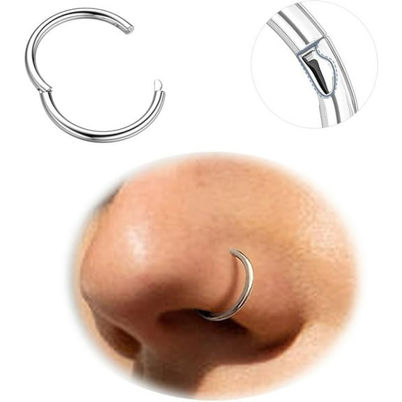 2nd Gen Locking Hinged Nose Rings Hoops - 316L Surgical Steel 18G Septum Lip Rings Conch Piercing Jewelry 8mm One