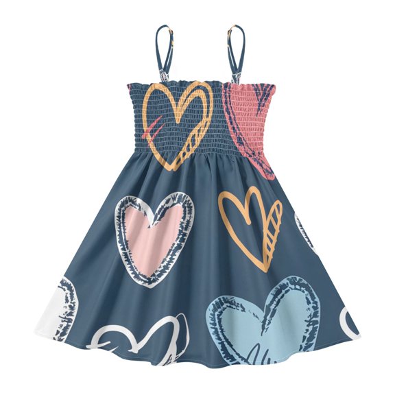 DALAWU Lightweight Hand Draw Hearts Smocked Sundress Adjustable Strap Flowy A-Line Summer Dress