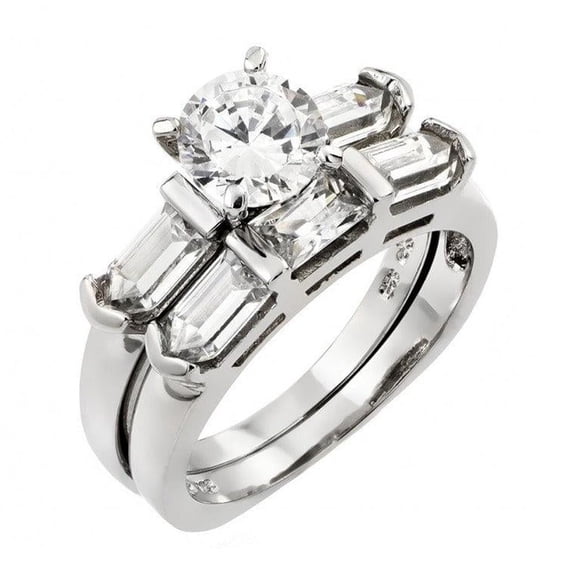 Sterling Silver 925 Rhodium Plated Baguette Engagement Ring Set White CZ Jewelry Female Size 6
