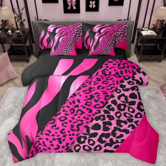 Manfei Chic Zebra Leopard Print Twin Bedding Sets 7-Piece, Pink Wateroclor Art Bedding Comforter Set, Modern Fashion Abstract Reversible Sheet Sets, Luxury Bedroom Decor