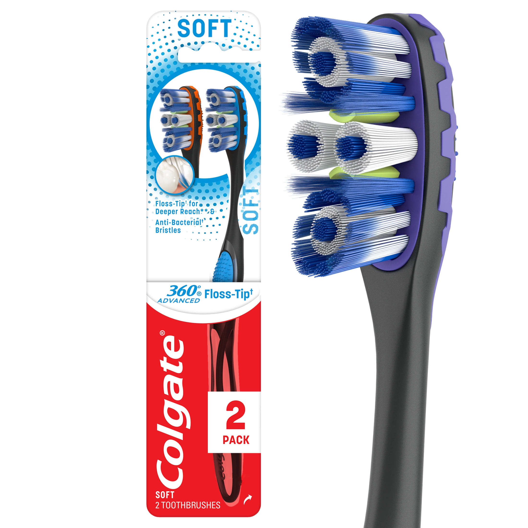 Colgate 360 Advanced Floss-Tip Bristles Adult Manual Toothbrush, Soft, 2 Pack