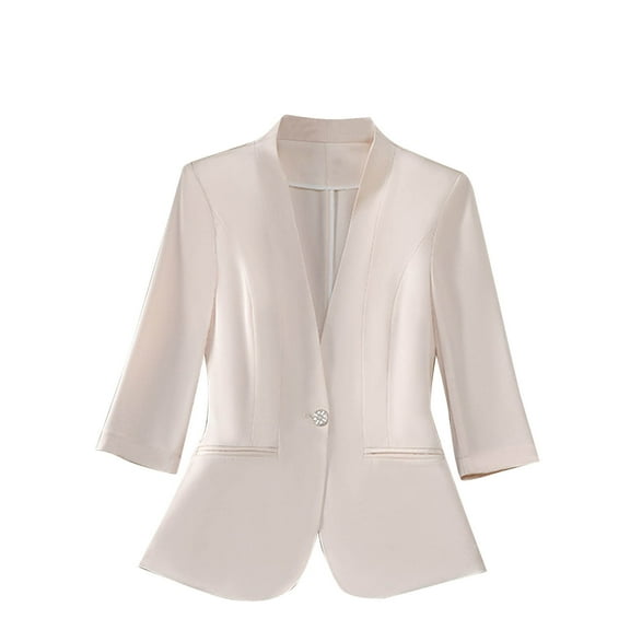 Wyobums Blazers for Women Business Casual 3/4 Sleeve Lightweight Slim Fit Lapel Open Front Suit Jacket with Pockets Casual Padded Shoulder Work Blazer B-Beige