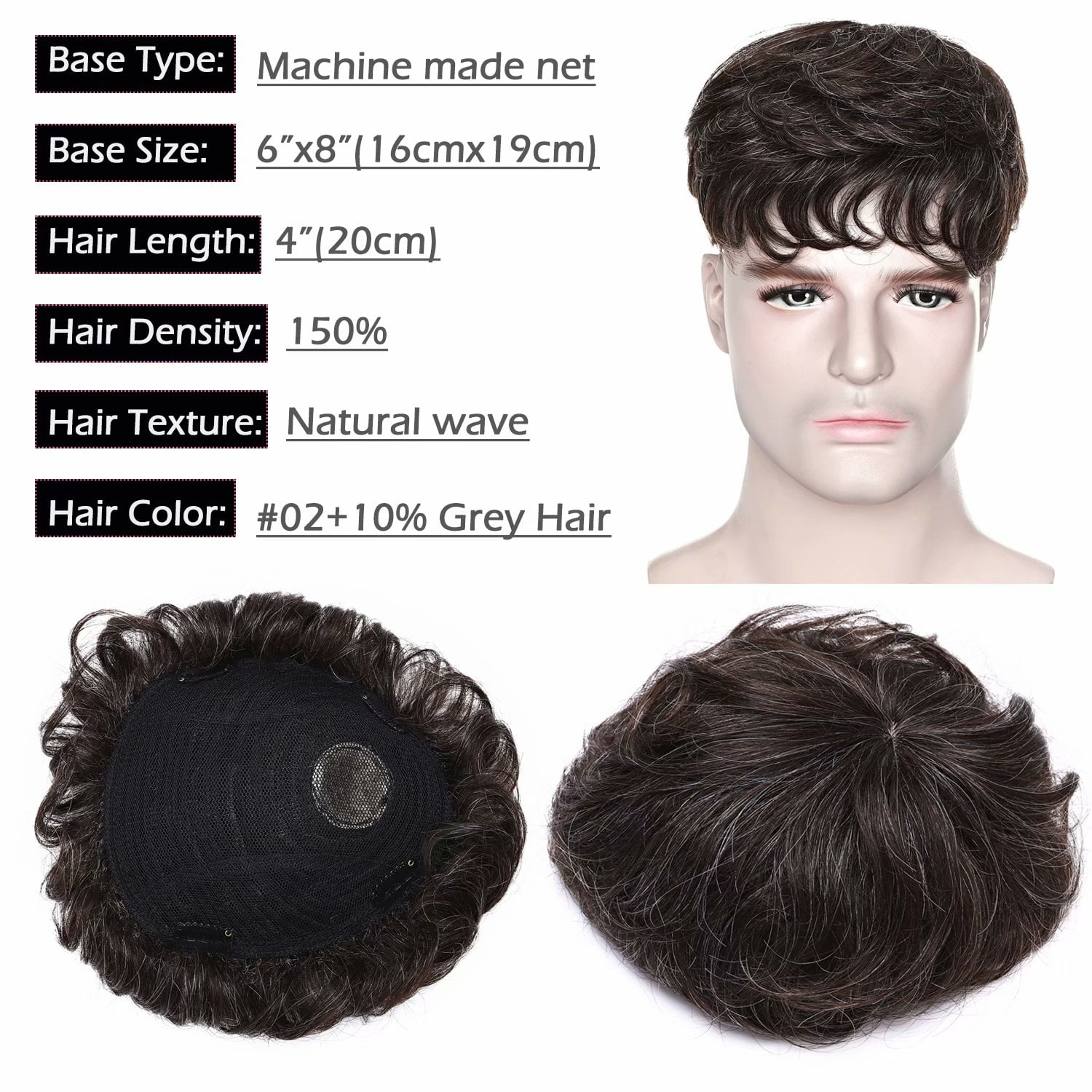 Benehair Mens Hair Loss Hair Wigs 100% Human Hair Toupee 100% Remy Human Hair Extensions Hairpiece Clip In 4" Grey US