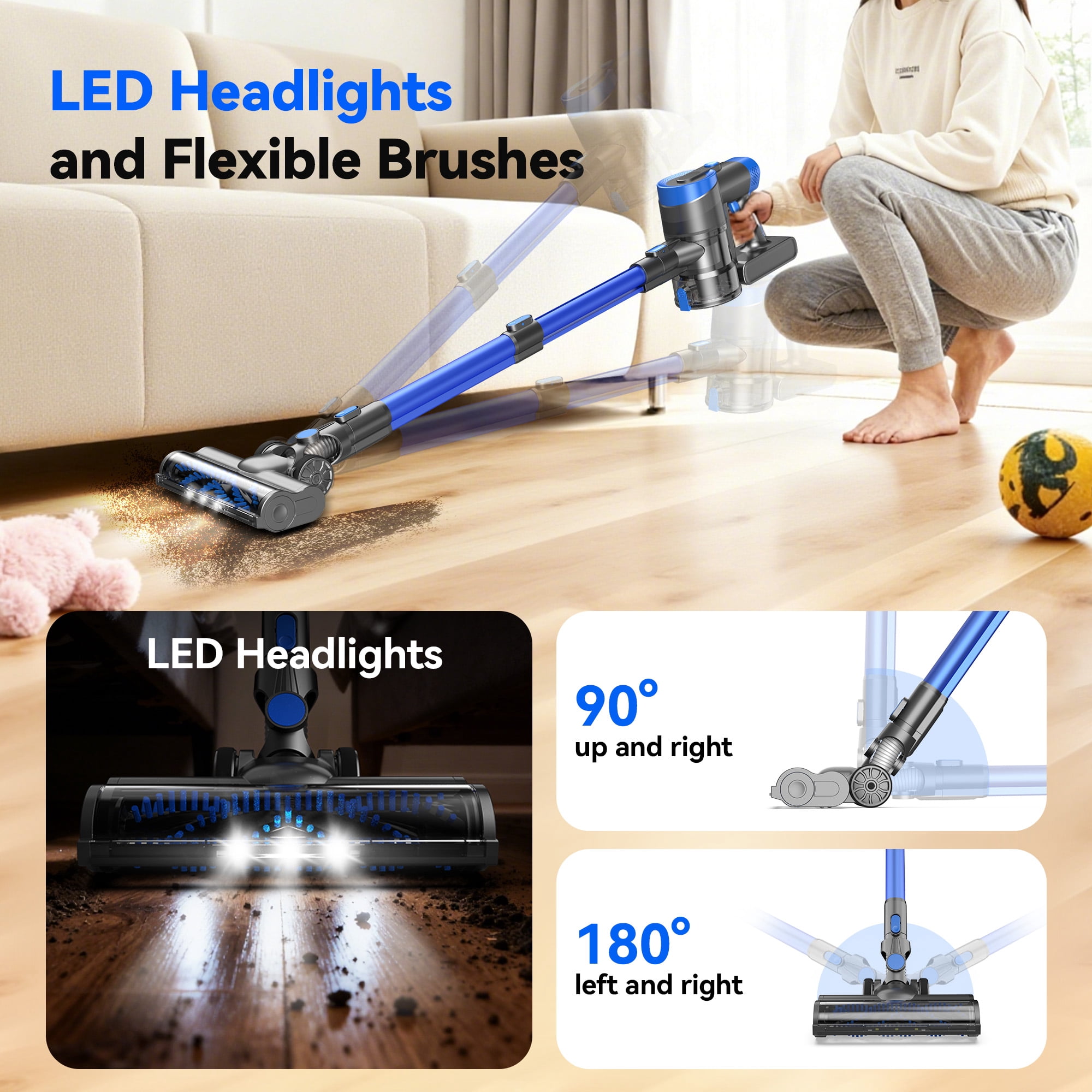 Devoac Cordless Vacuum Cleaner, 60mins 4000mAh 30000pa 300W Lightweight Brushless Vacuum Cleaners, 6 in 1 Powerful Handheld Vacuum for Home Pet Hair Carpet Floor