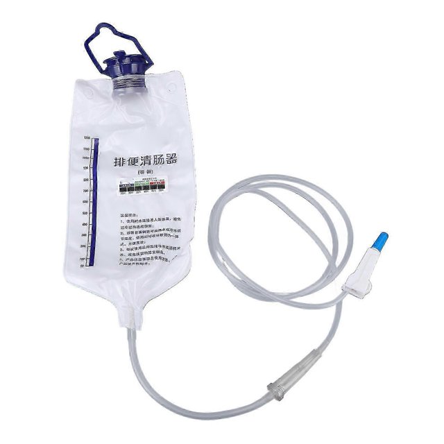 large capacity home enema bag reusable colon cleansing enema bag anal irrigation bag for men women Reusable PVC enema bag with clear graduated reservoir, blue screw-fill handle, long transparent irrigation tubing and white nozzle with blue tip; for at-home anal irrigation, also suitable for rinsing large containers.