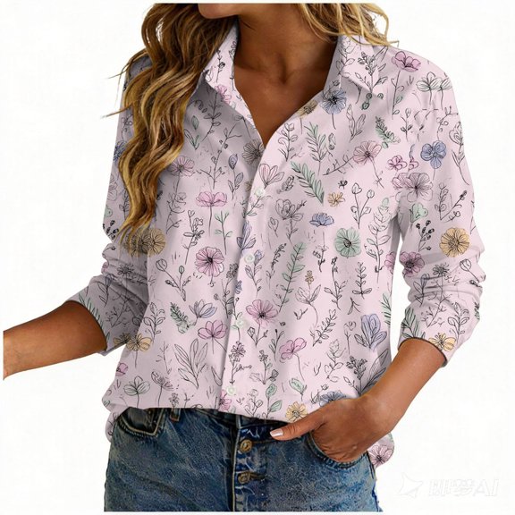 felwors Womens Button Down Shirt Long Sleeve Blouse Business Work Tops Dressy Casual Floral Printed Outfits (Pink, XL)