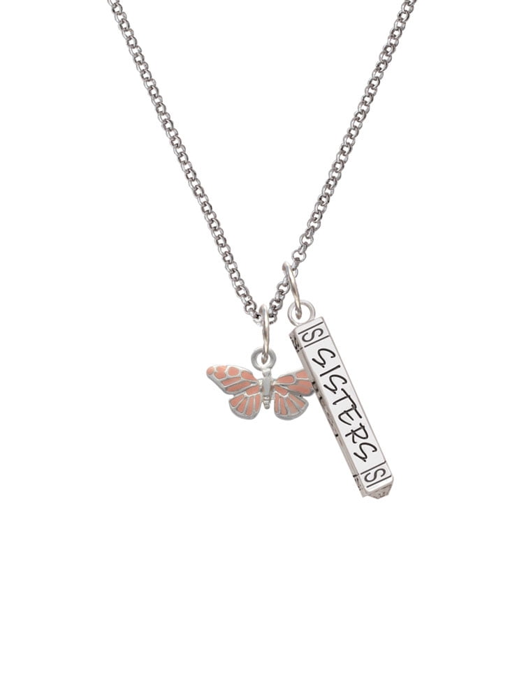 Delight Jewelry Silvertone Small Pink Butterfly Silvertone Sisters Best Friends Forever Bar Charm Necklace, 23"