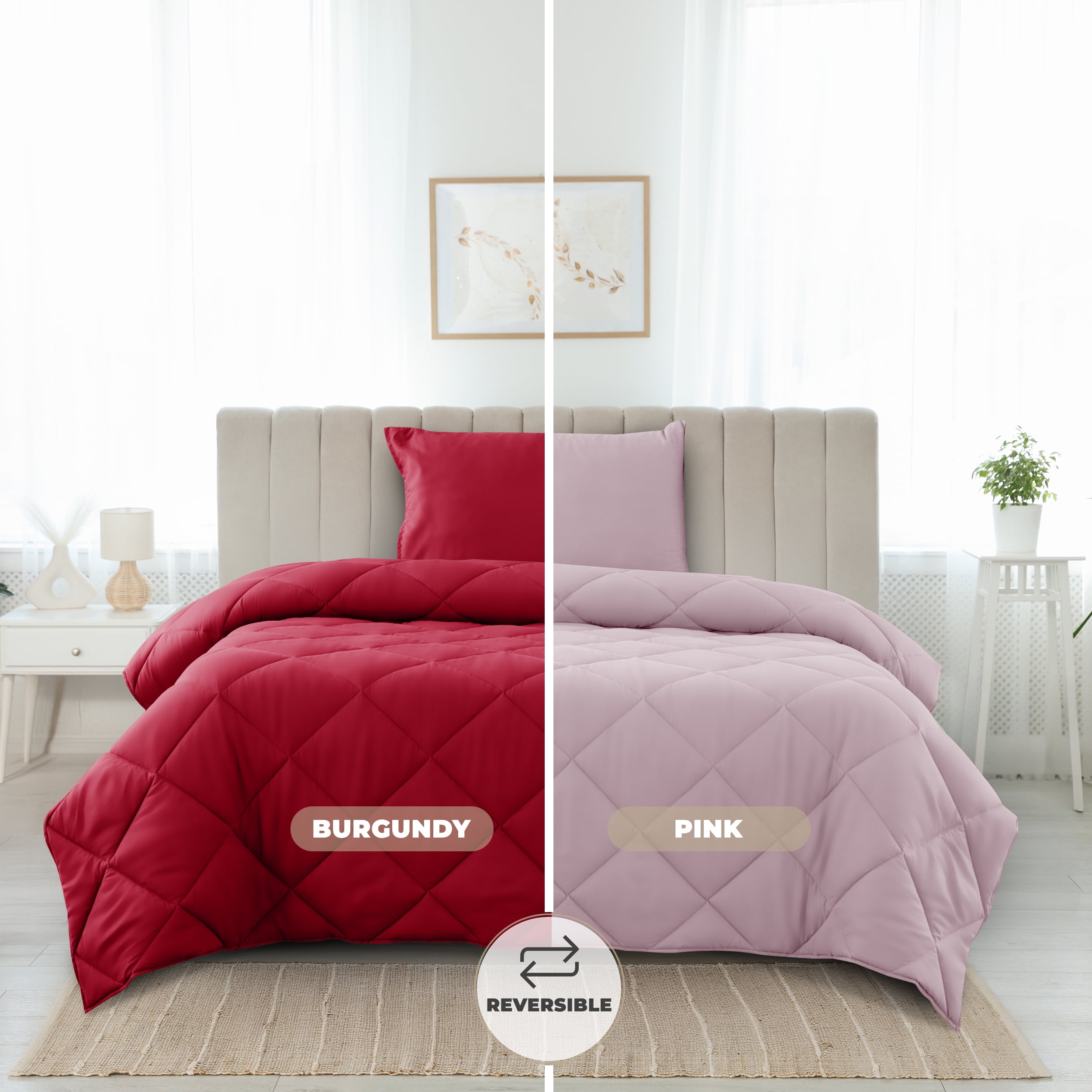 Lux Decor All-Season Comforter Sets Twin 2 PC, Reversible Bedding Set with Diamond Quilted Design Comforter and 1 Pillow Sham, Lightweight & Cozy Set de Cama Burgundy/Pink