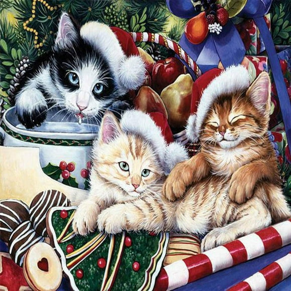 5D Christmas Diamond Painting Kit, DIY Christmas Cat Diamond Painting Kits for Adults and Beginner(Diamond Painting Cat,16x16Inch)