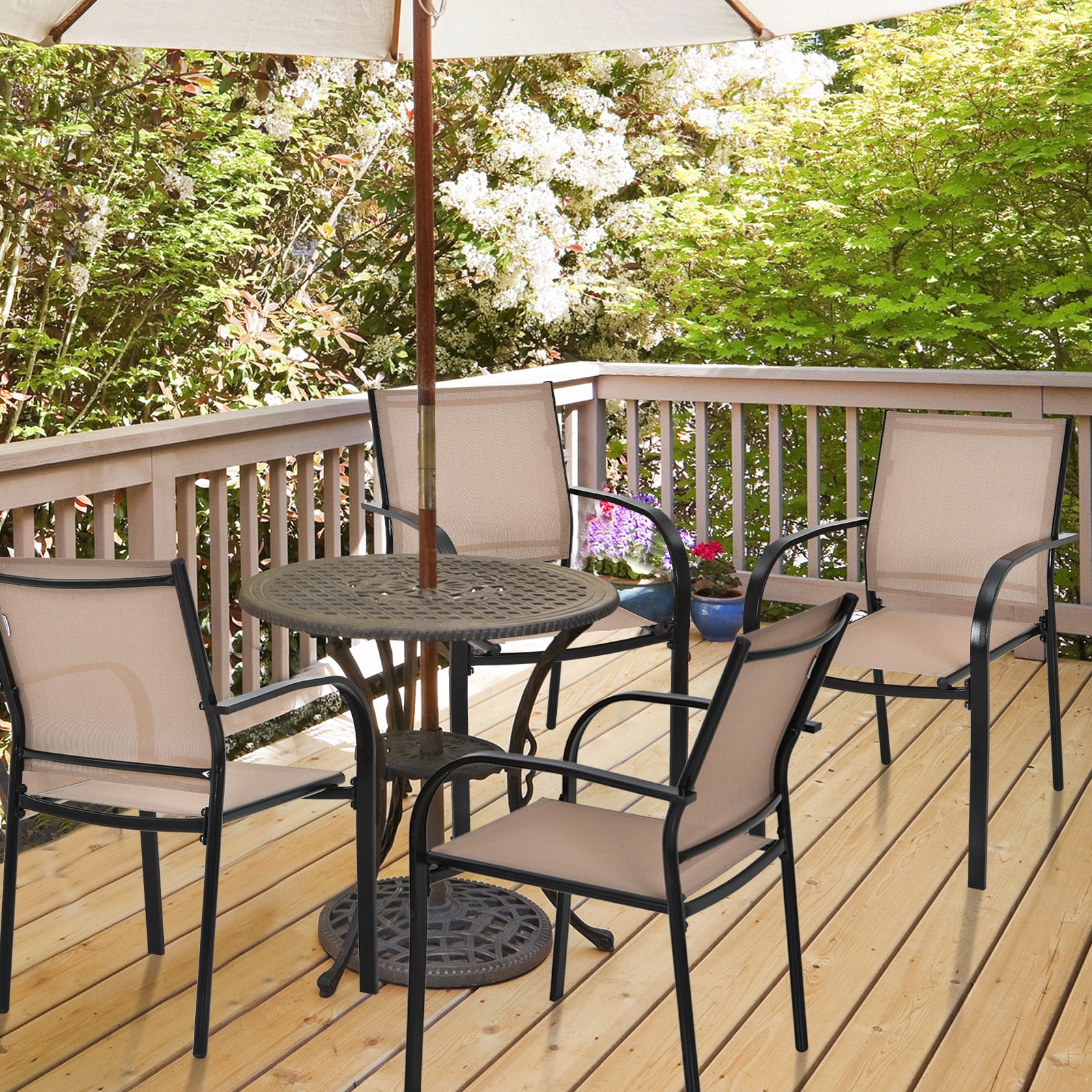 Topbuy 2PCS Outdoor Dining Chairs Stackable Chairs w/Armrests & Breathable Fabric for Balcony Garden & Patio
