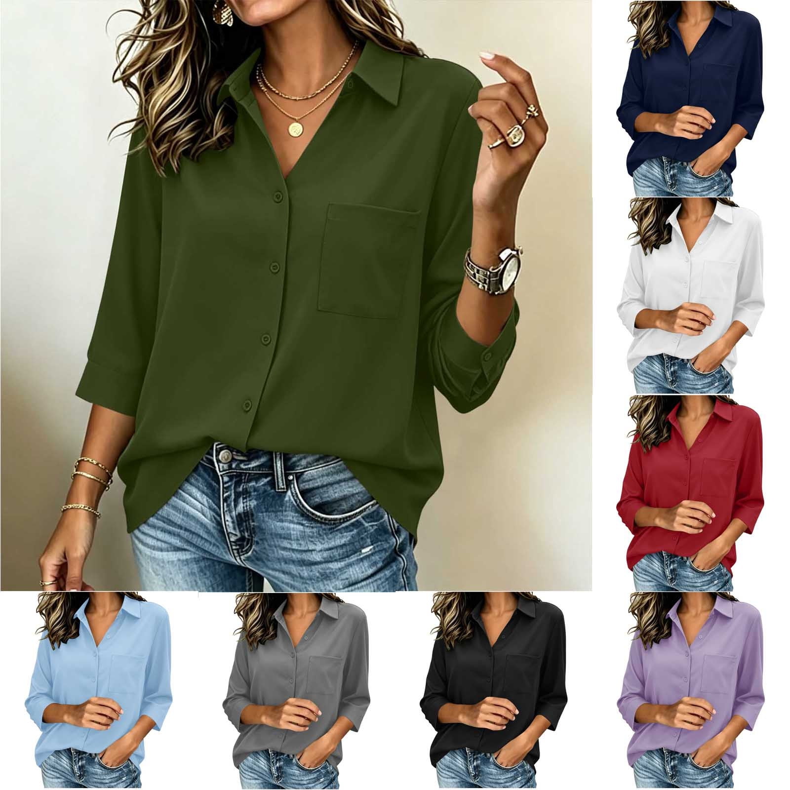 VBVC Women s 3/4 Sleeve Button Down Blouse Classic Collared V Neck Shirt For Women Ladies Loose Fit Work Tops with Pockets *Army Green Medium