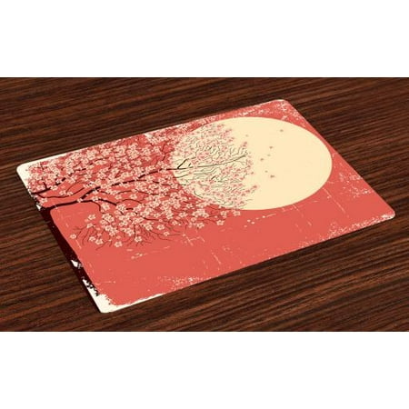 Japanese Style Kitchen Table Spring Placemats Set of 4 Cherry Blossom Sakura Tree Branches on Moon Japanese Style Illustration, Washable Fabric Place Mats for Dining Room Kitchen Table Decor,Coral Pale Yellow Plum, by Ambesonne ()
