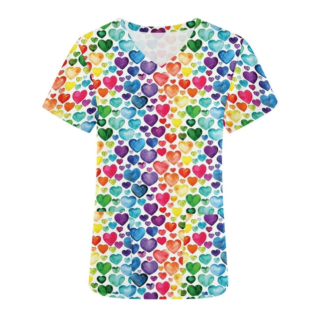 TIMIFIS Hauts de Sarrau de la Saint-Valentin pour Femmes Imprimés Uniforme de Travail à Manches Courtes Col en V Blouse T-shirt de Travail avec Poches - Imprimé Multicolore