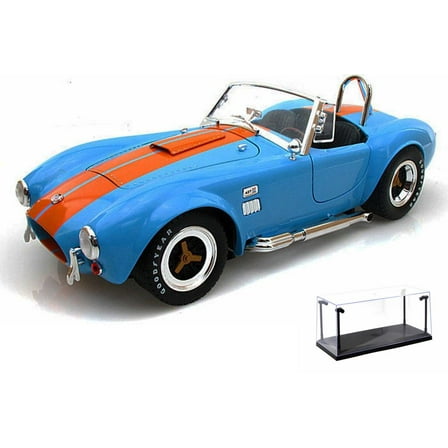 Diecast Car & LED Display Case Package - 1965 Shelby Cobra 427 S/C Convertible, Blue w/ Orange Stripes - Shelby  SC129 - 1/18 Scale Diecast Model Toy Car w/LED Display Case