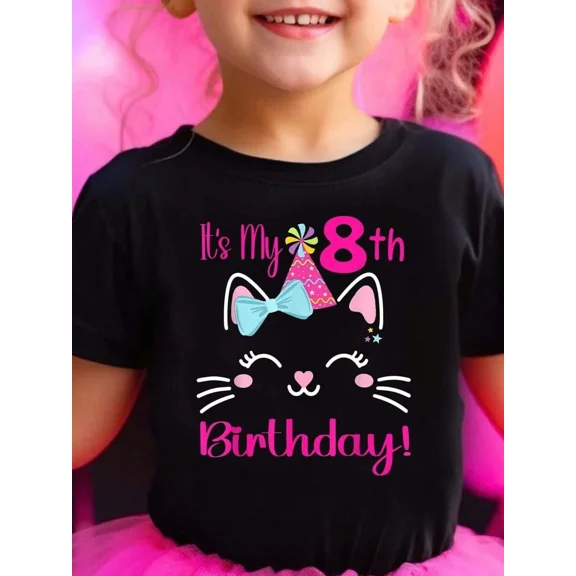 children’s wear Cute Cat 8th Birthday Shirt for Girls, Funny Retro Kitty Birthday Party Graphic Tee for Kids and Toddler