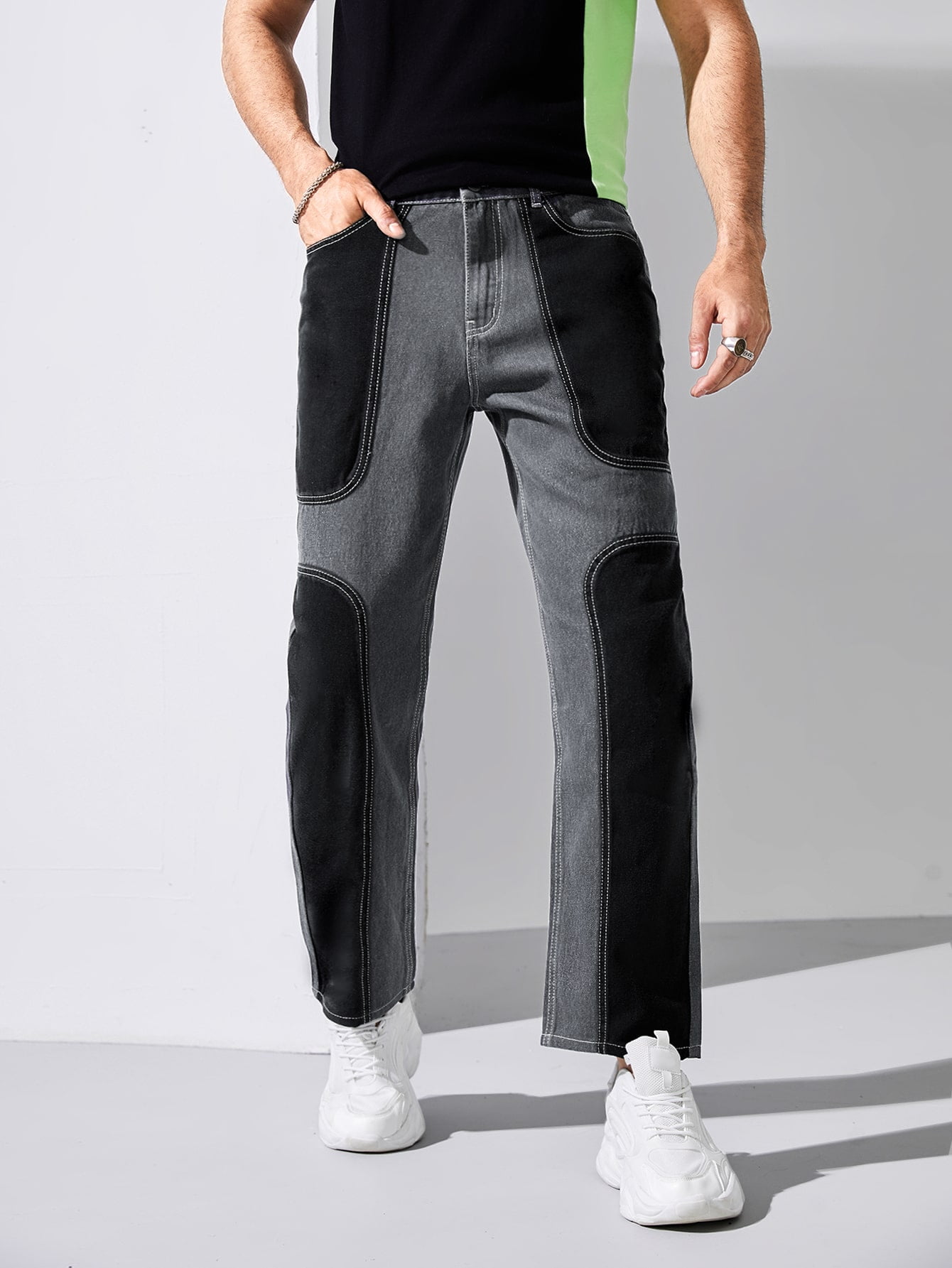 Men Contrast Stitch Colorblock Jeans 