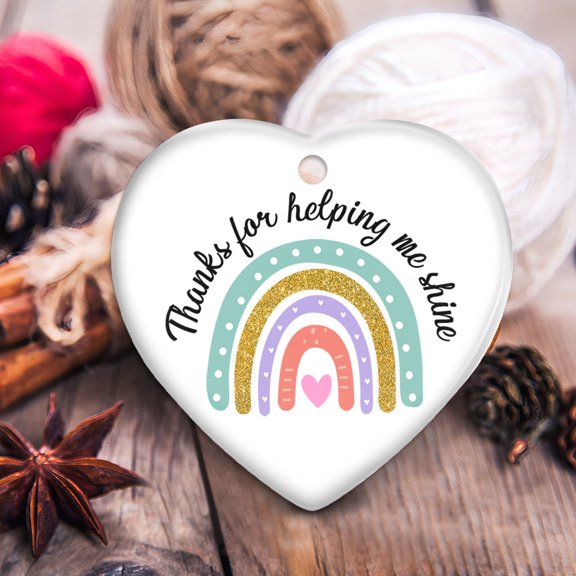 1 Pcs Christmas Teacher Ornaments, Boho Rainbow Thanks For Helping Me Shine TQN540O, Ceramic Ornaments, Xmas Teacher's Gifts 2022, Heart