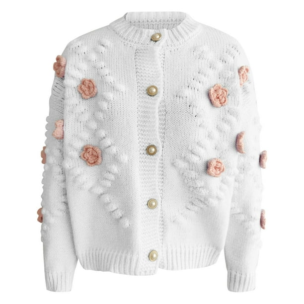 Women's 3D Floral Knit Cardigan, Cute Flower Button Up Long Sleeve