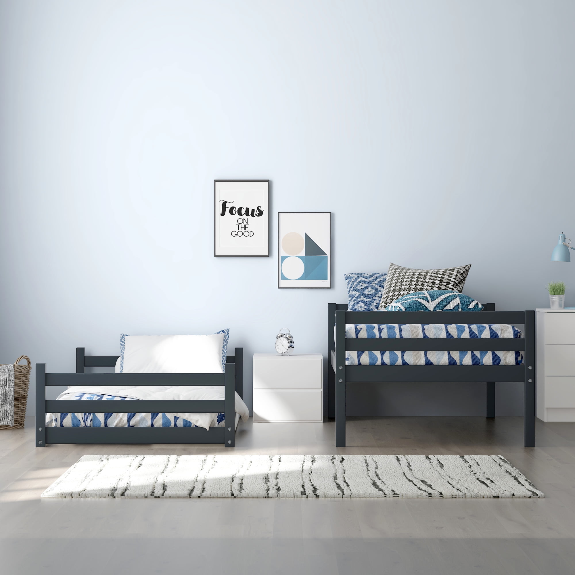 HH2 Home Essentials Campbell Wood Twin Over Twin Floor Bunk Bed, Navy