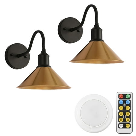 

FSLiving Timer Battery Remote LED Dimming 100 Lumens Wall Lamp No Wire Black Lamp Body Gold Shade Wall Lighting Modern Design for Kitchen Corner Bedsides Entrance Battery Not Included - 2 Pack