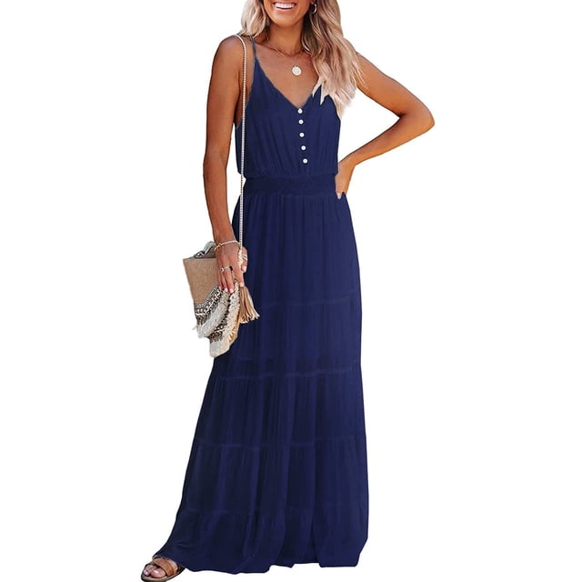 Vestido Maxi PRETTYGARDEN sin mangas con tirantes finos azul marino talla S
