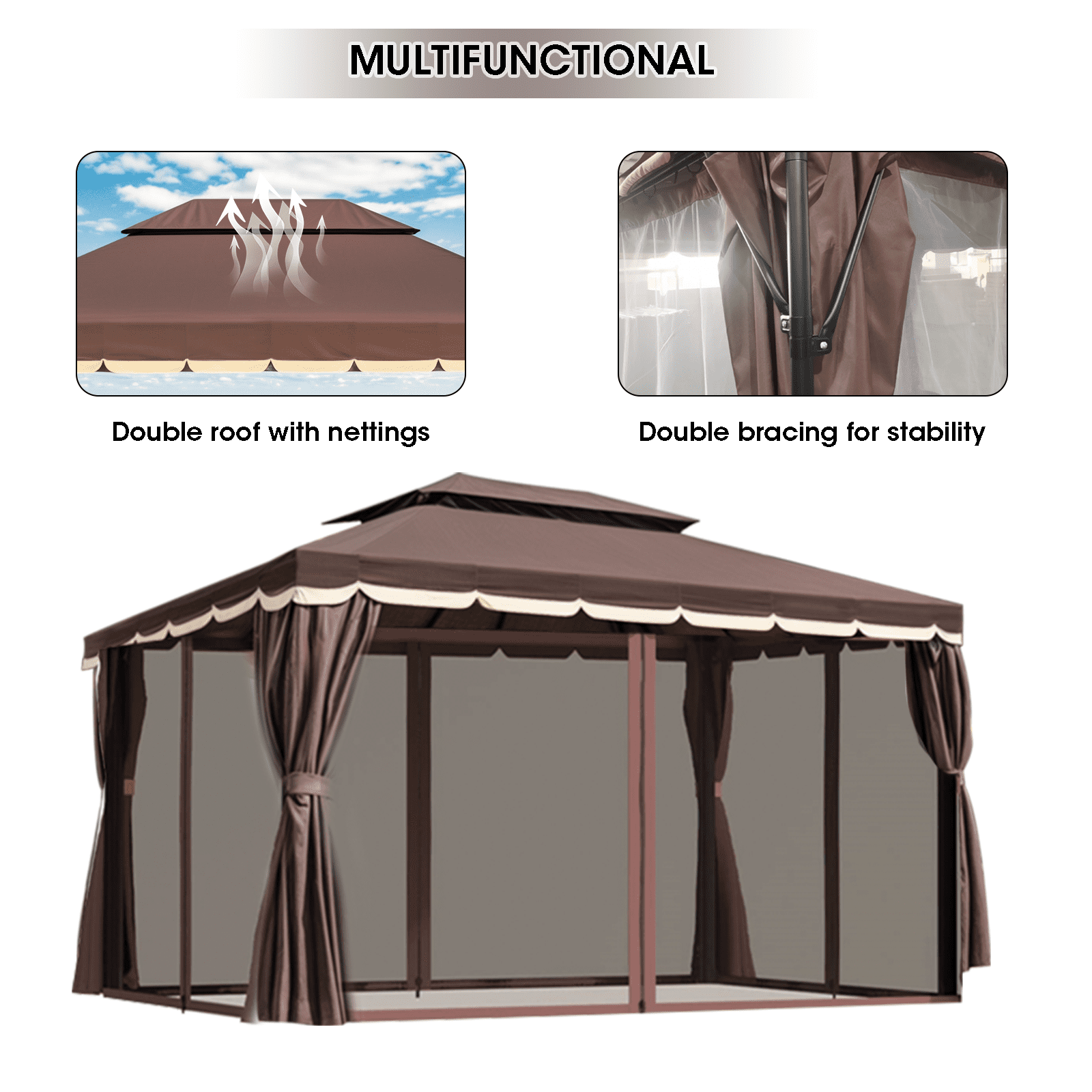 Gaptain 10×12 FT Deluxe No Screws Gazebo,Double Roof Outdoor Shelter Tent with Mosquito Nettings and Privacy Screens, Brown