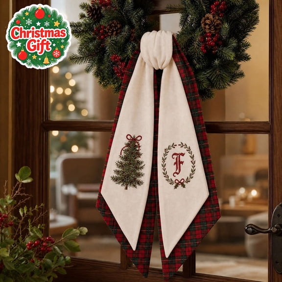 Christmas Wreath Sash Double-Layer,Embroidery Personalized Initial Xmas Tree Bow,Linen Plaid Winter Holiday Decor for Front Door Wreath