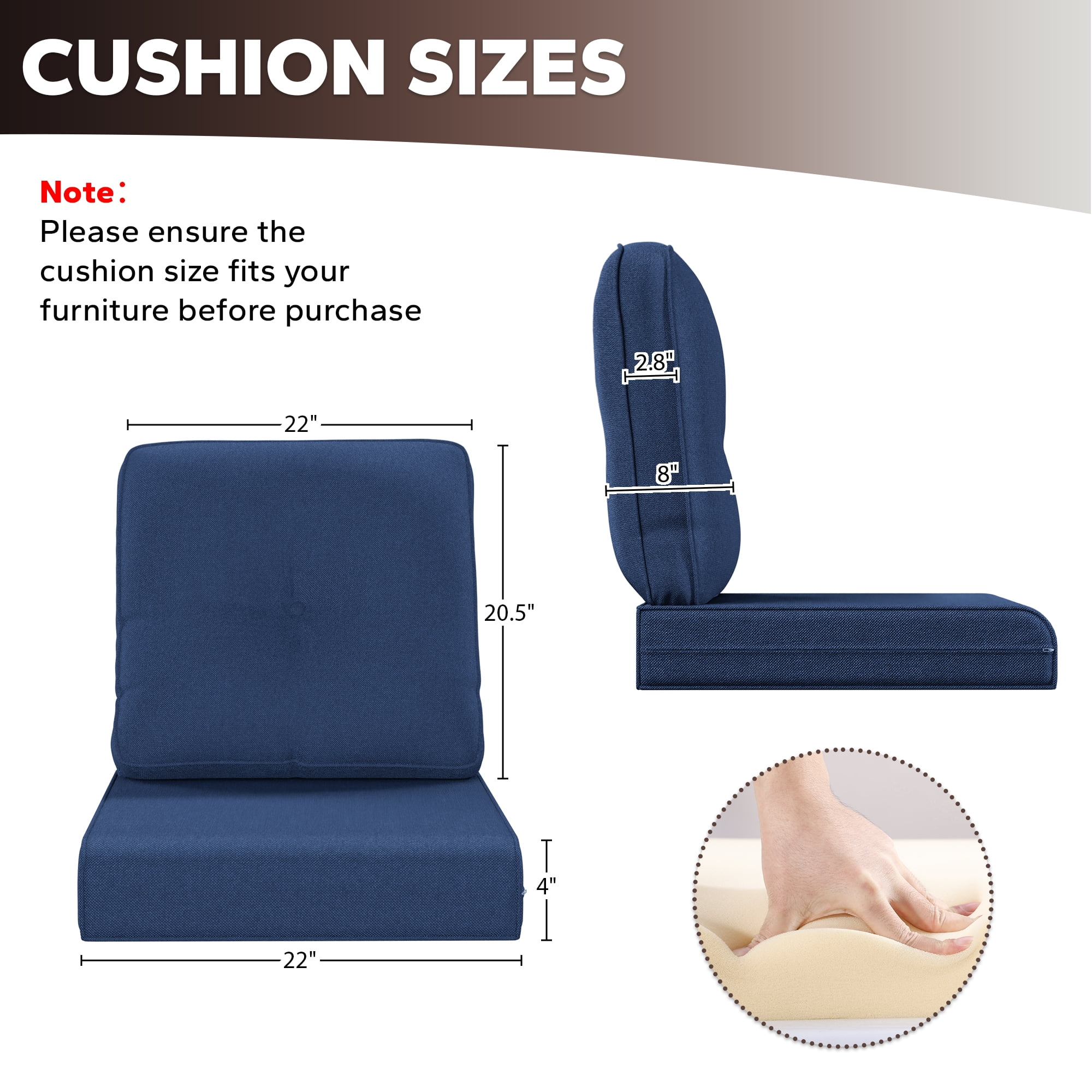 4 Inch Outdoor Cushions, Suitable for Patio Furniture, Water-Resistant & Fade-Resistant, 1 Set, Dark Blue