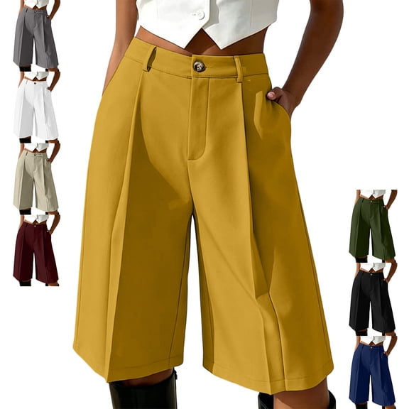 MLCDZ Bermuda Shorts for Women Summer Dressy Casual Pleated Elastic High Waisted Wide Leg Loose Knee Length Shorts with Pockets