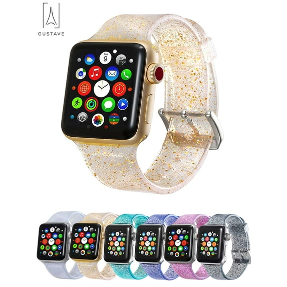 Gustave Glitter Silicone Apple Watch Bands 38mm 40mm 42mm 44mm Women Men Adjustable Wristband Strap for iWatch Series Ultra SE 8/7/6/5/4/3/2/1 with Stainless Steel Metal Clasp "Gold"
