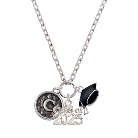 Delight Jewelry Silver-tone Antiqued Round Seal - Initial - C - Silver-tone Class of 2025 Graduation Zoey Necklace, 28"