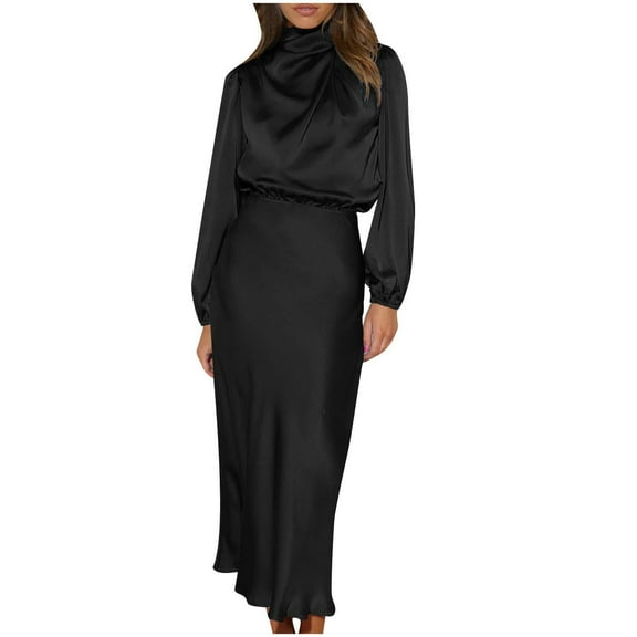 IROINNID Long Dress for Women Formal Wedding Guest Formal Dress High-end Satin Long Sleeved Loose Fitting Dress With Elegant Evening Dress,Black