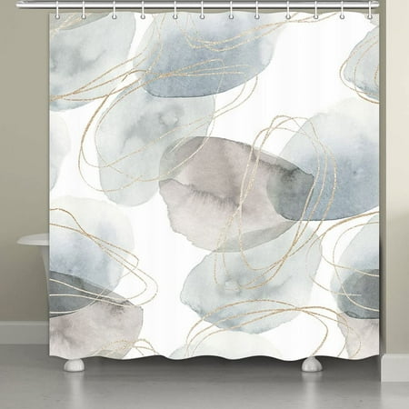 Gray Boho Shower Curtain for Bathroom, Modern Abstract Watercolor Grey Golden Geometric Marble Bathroom Accessories, Fabric Waterproof Curtains, Hooks Included, 72X72