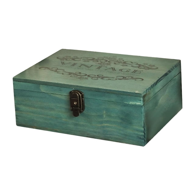 Caja de almacenamiento de madera, cofre del tesoro decorativo con tapa, regalo de estilo vintage Azul31.5x23.3x11.5cm