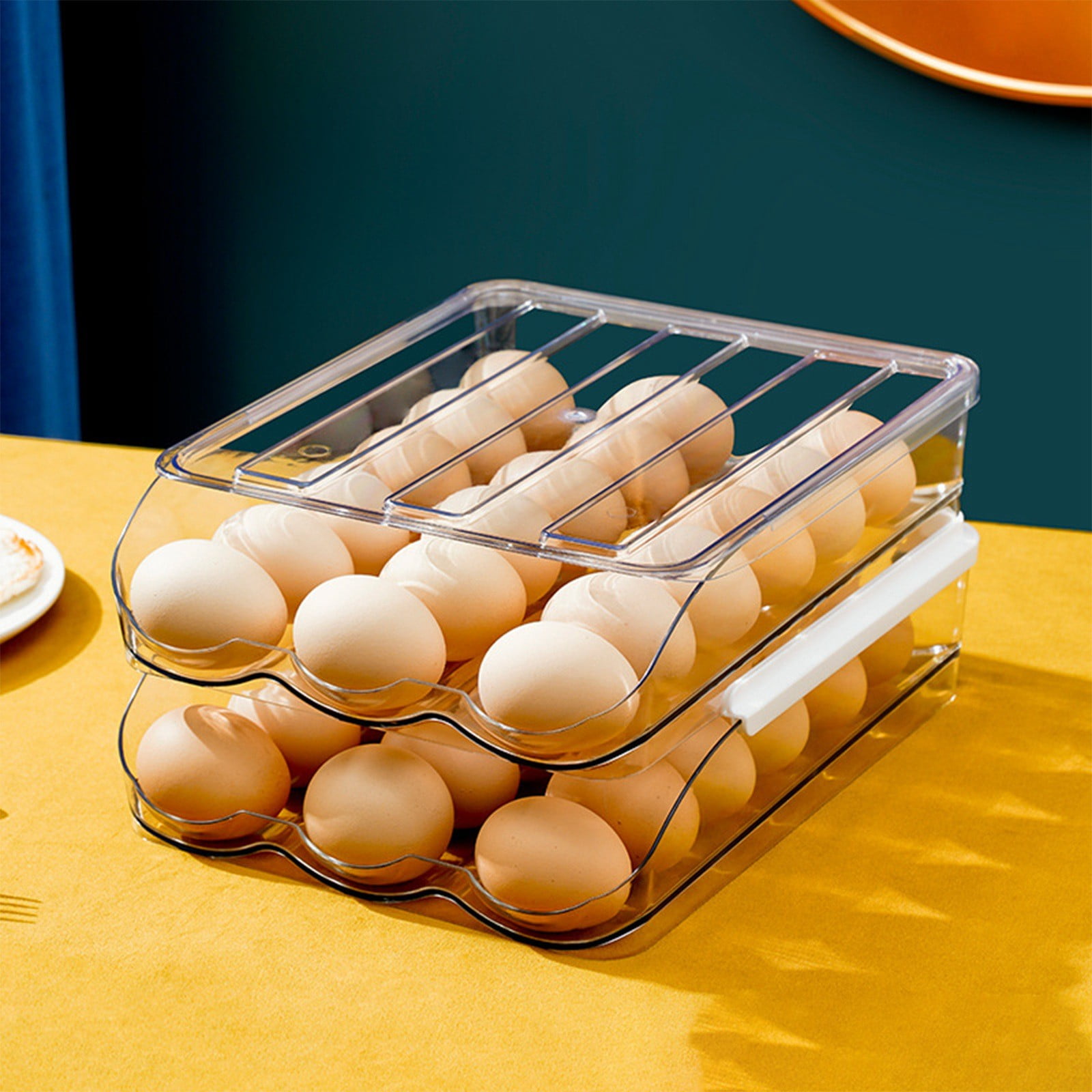 XKHBDL Egg Holder for Fridge, Automatic Rolling Egg Container for Refrigerator, Stackable Fridge Organizers and Storage with Lid, Clear Plastic Egg Dispenser & Tray