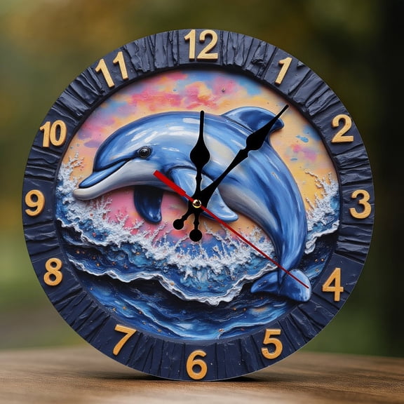 Wall Clock Decorative - Blue Dolphin Splash Print 2D Vintage Wall Clocks Battery Operated Silent Non-Ticking for Bedroom, Living Room, Kitchen, Office, Classroom, 10 Inch