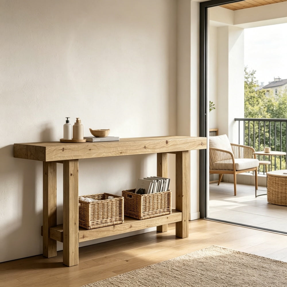 Solid Wood Farmhouse Console Table, 2-Tier Narrow Entryway Sofa Table with Natural Grain & Knots for Hallway Plant Display