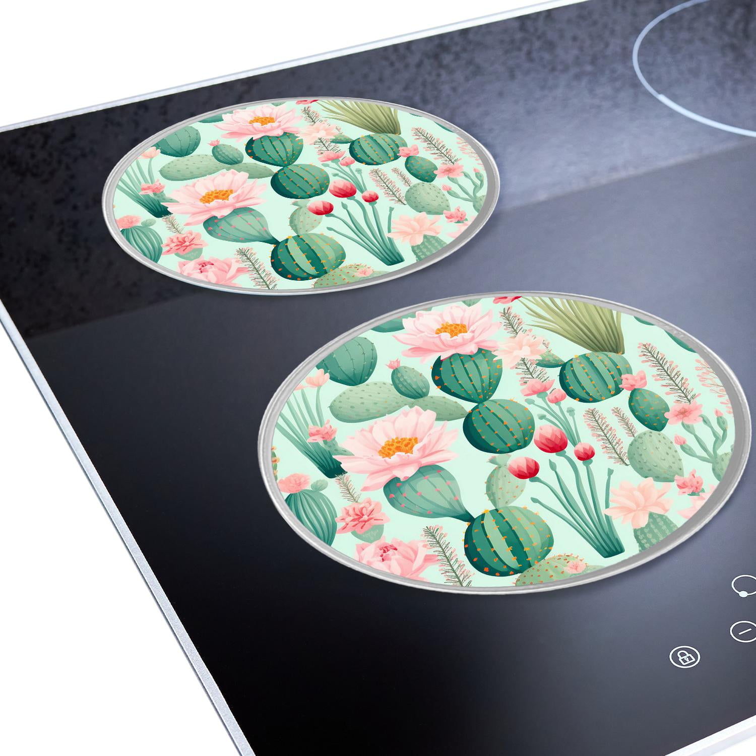 Round Stove Burner Covers 4 Pcs Metal Electric Stove Burner Covers 8Inch And 10Inch ,Cactus Plant Green Color Painting
