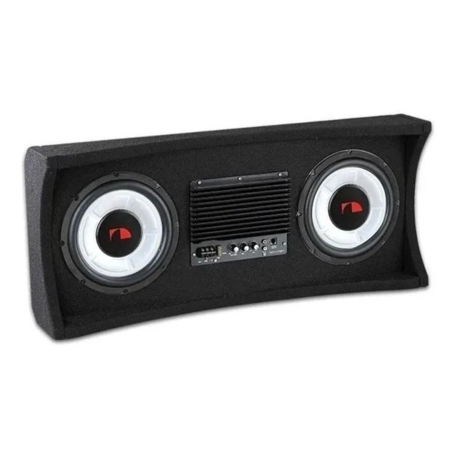 bafle amplificado plano + 2 subwoofers de 10 pulgadas nakamichi nbx210 pick up cajuela envio gratis nakamichi nbx210a Caja amplificada plana negra con dos subwoofers de 10" de conos blancos y logo rojo, módulo amplificador central con disipador y controles frontales; vista frontal para instalación en cajuela, también adecuado para reforzar bajos en sistemas móviles.