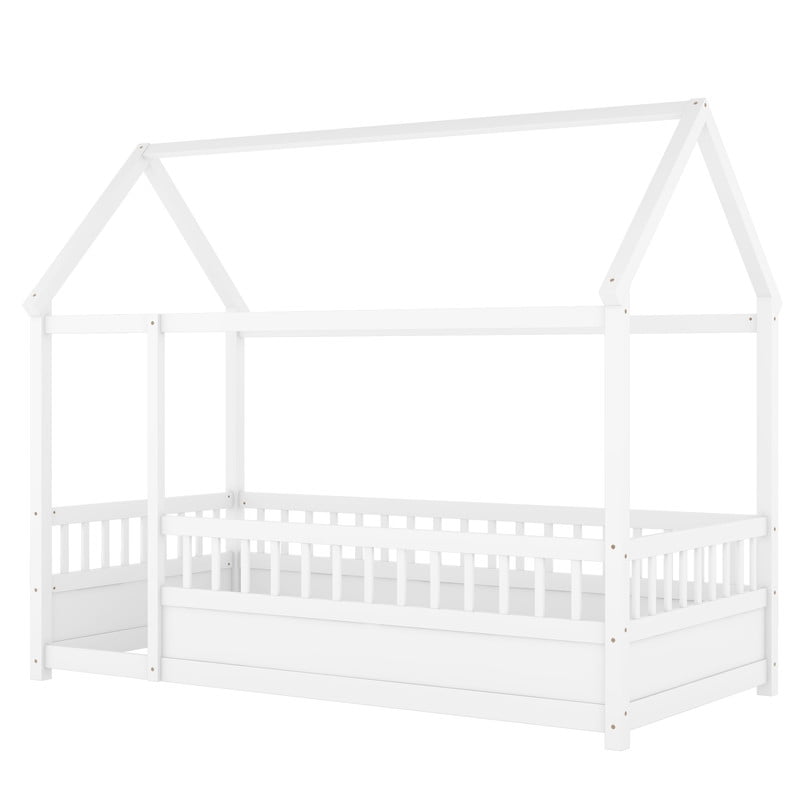 Bellemave Twin Size Montessori Bed, Wood Twin House Beds with Fence, Floor Bed with Roof for Bedroom Playroom（White）