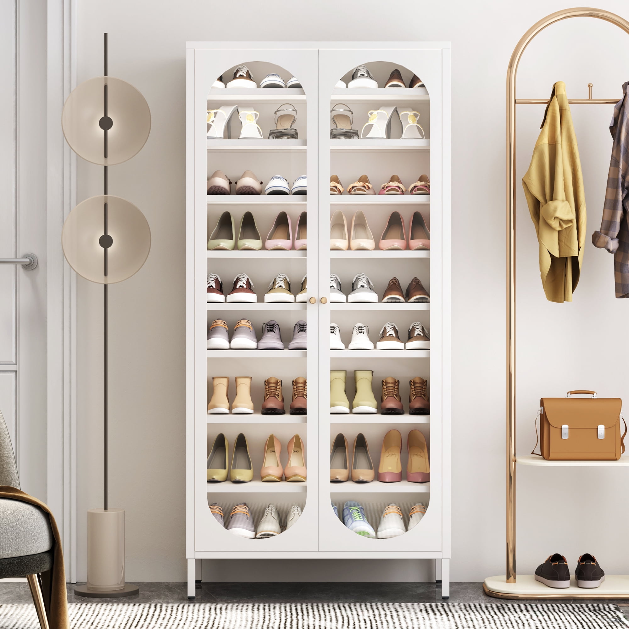 ANMINY 9-Tier Tall Shoe Storage Cabinet 67"H Shoe Cabinet with Glass Doors 9-Tier Shoe Organizer Rack with 8 Adjustable Shelves Max. Store 27-36 Pairs for Entryway Hallway Cloakroom Living Room, White
