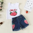 thumbnail image 2 of Kucnuzki Infant Baby Girls Summer Outfits 12-18 Months Clothes Sets Sleeveless Tank Top Strawberry Print Top Tassel Denim Shorts Sets 2pcs White, 2 of 6