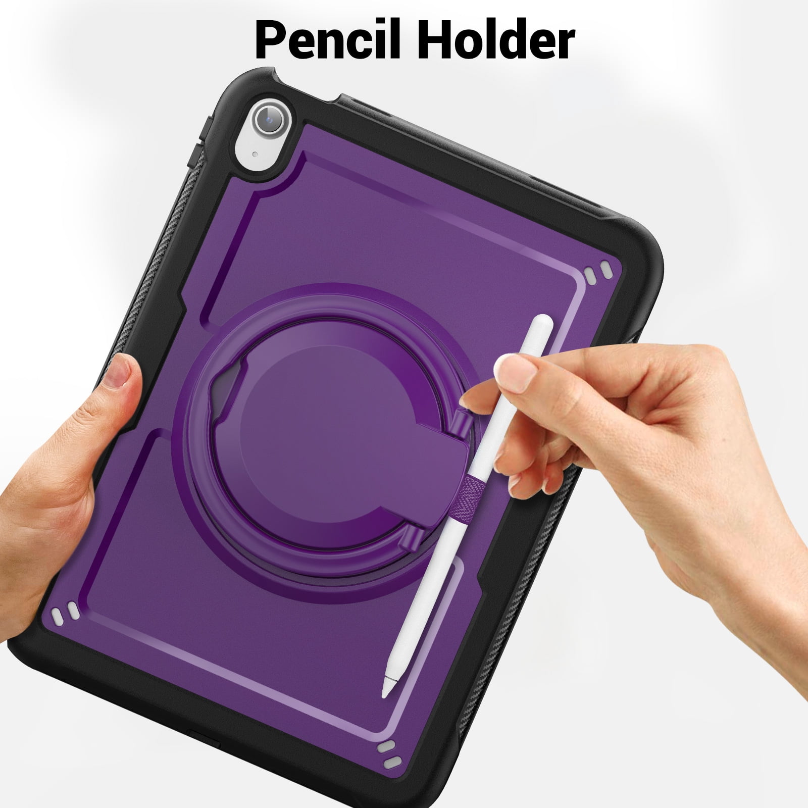 Shockproof Case for Apple iPad 11th 10th Generation 2025 2022, Rugged Hybrid Protective Cover with Pencil Holder & Shoulder Strap Kids Friendly Rotating Stand Case for iPad 11th 10th Gen, Purple