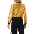 thumbnail image 3 of INSPIRE CHIC Women's Casual Stand Collar Metallic Zip Crop Length Bomber Jacket XS Golden, 3 of 6