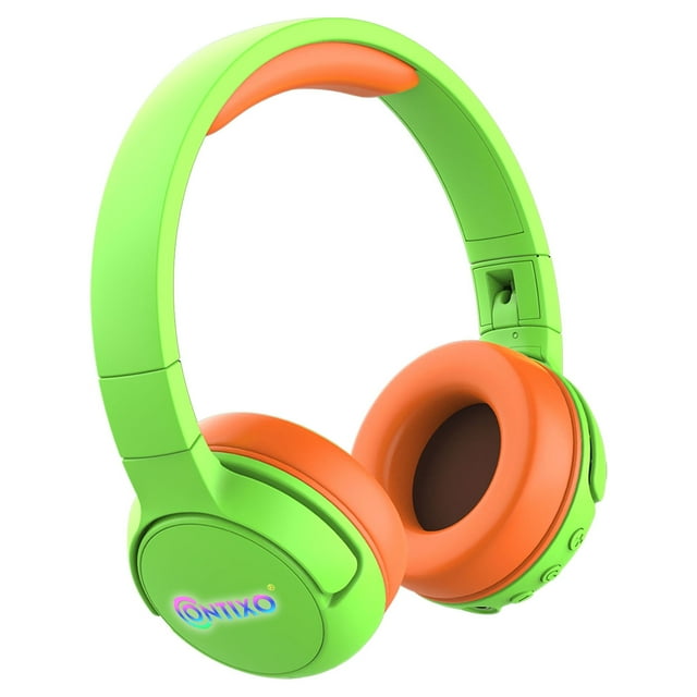 Contixo Kid Safe 85dB On Ear Auriculares inalámbricos Bluetooth plegables, microteléfono incorporado, entrada y salida de audio (verde + naranja)
