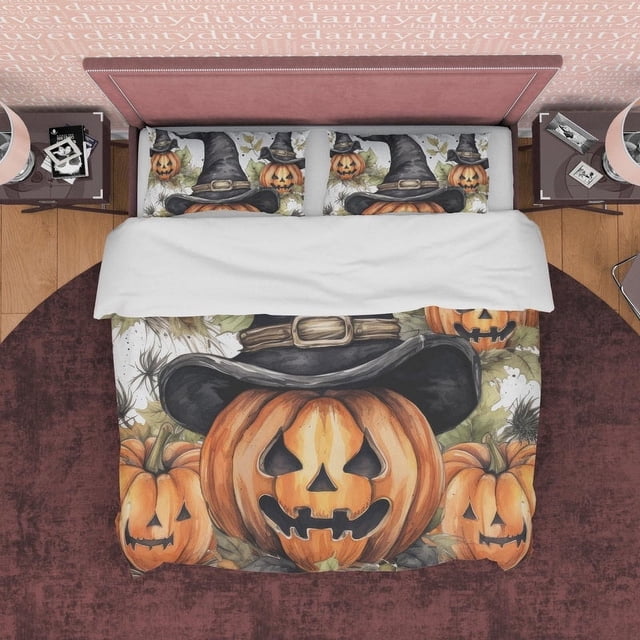 Calabaza Juego de Funda Nórdica Ropa de Cama Estética Retro, Decoración de Habitación de Halloween, Otoño