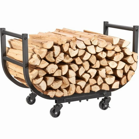 24-Inch Heavy-Duty Metal Rolling Firewood Rack with Lockable Wheels, 500lb Capacity Mobile Log Cart for Fireplace Patio