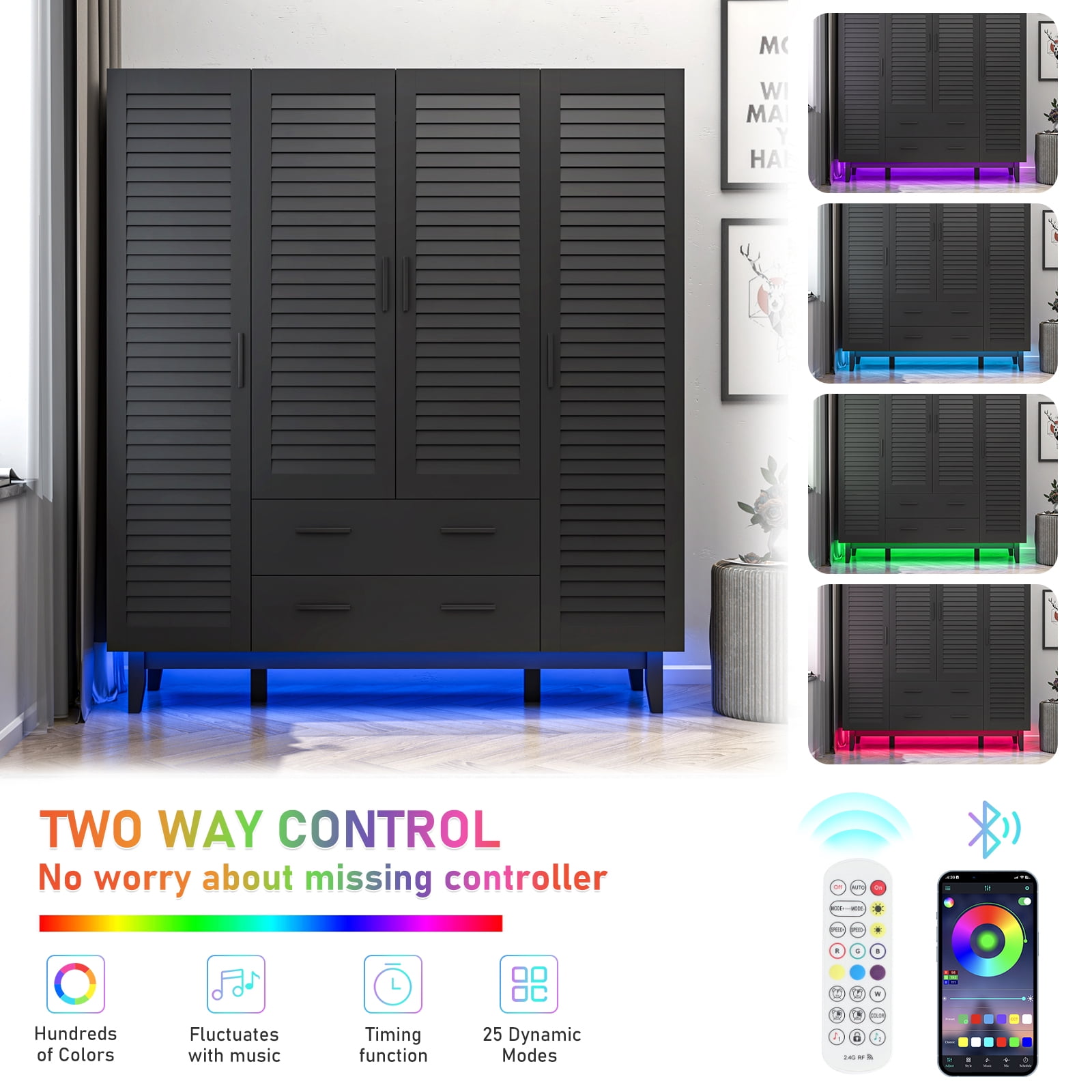 Blotout 70" Armoire Wardrobe Closet with Mirror & LED Lights, 4 Door Wardrobe Armoire with 2 Large Drawers, LED Wood Armoire Storage with Hanging Rods and Multi-Layer Shelves(Black)